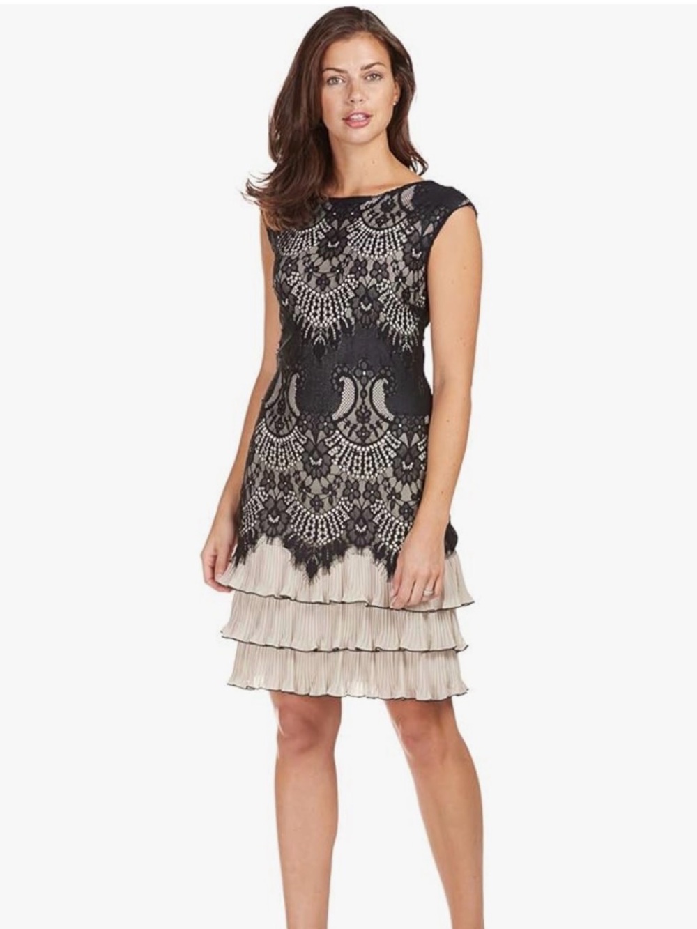 Frank Lyman Design Black Lace Overlay with Cream Tiered Skirt Mini Dress